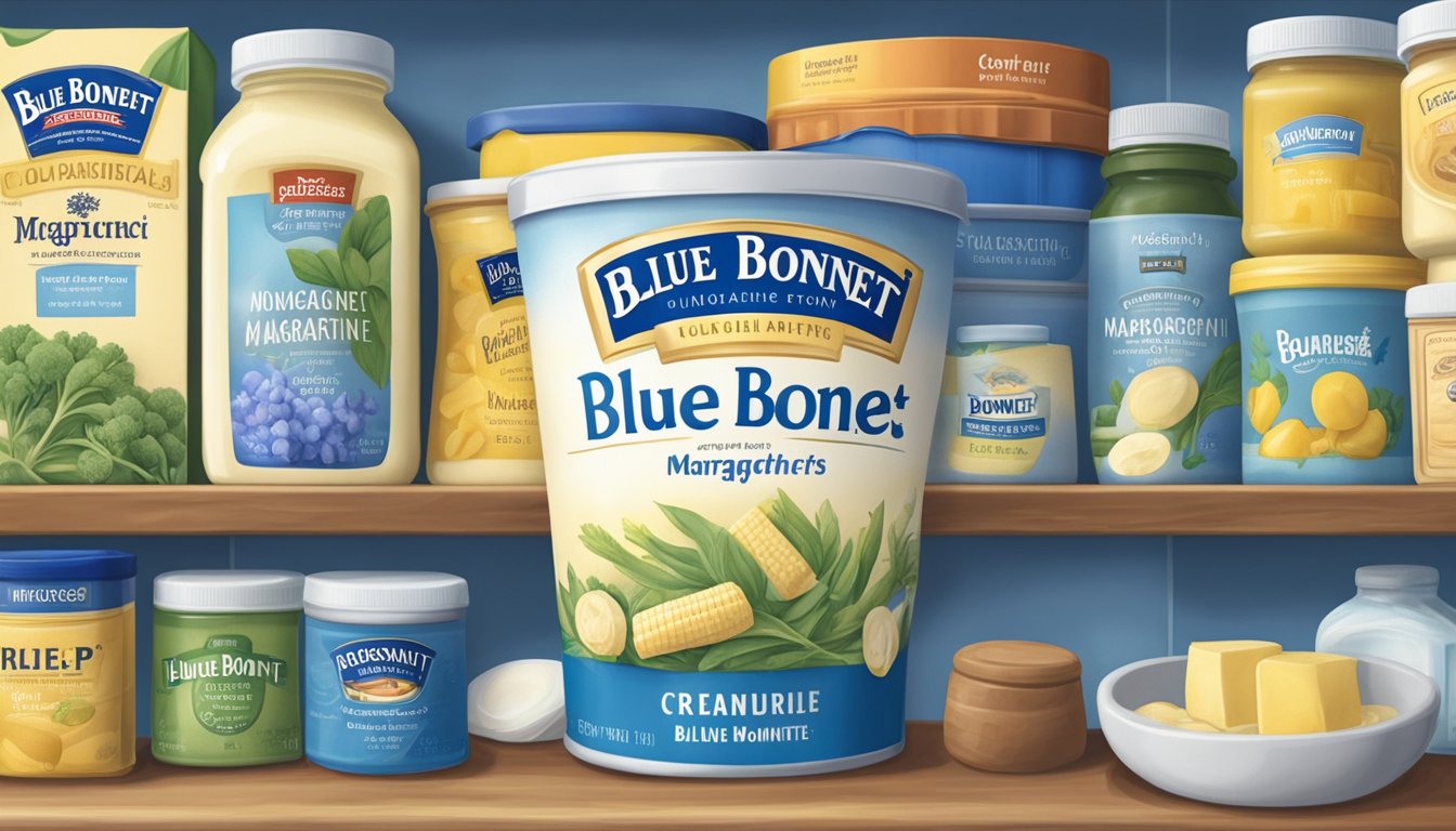 A tub of Blue Bonnet Margarine sits unopened on a clean, organized kitchen shelf, surrounded by other pantry items