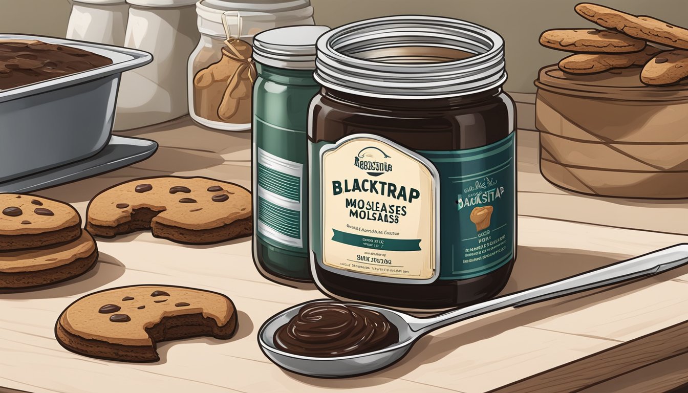 A jar of blackstrap molasses sits on a kitchen counter, next to a stack of freshly baked gingerbread cookies and a measuring spoon