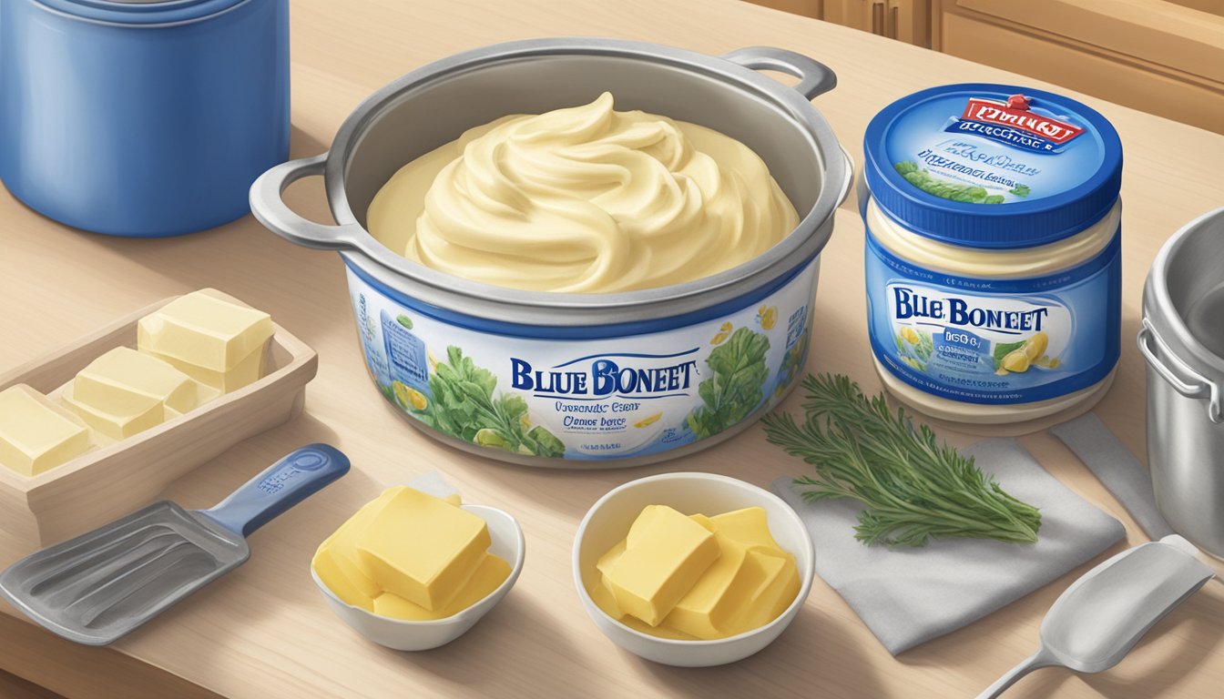 A tub of Blue Bonnet Margarine sits unopened on a kitchen counter, surrounded by various cooking utensils and ingredients