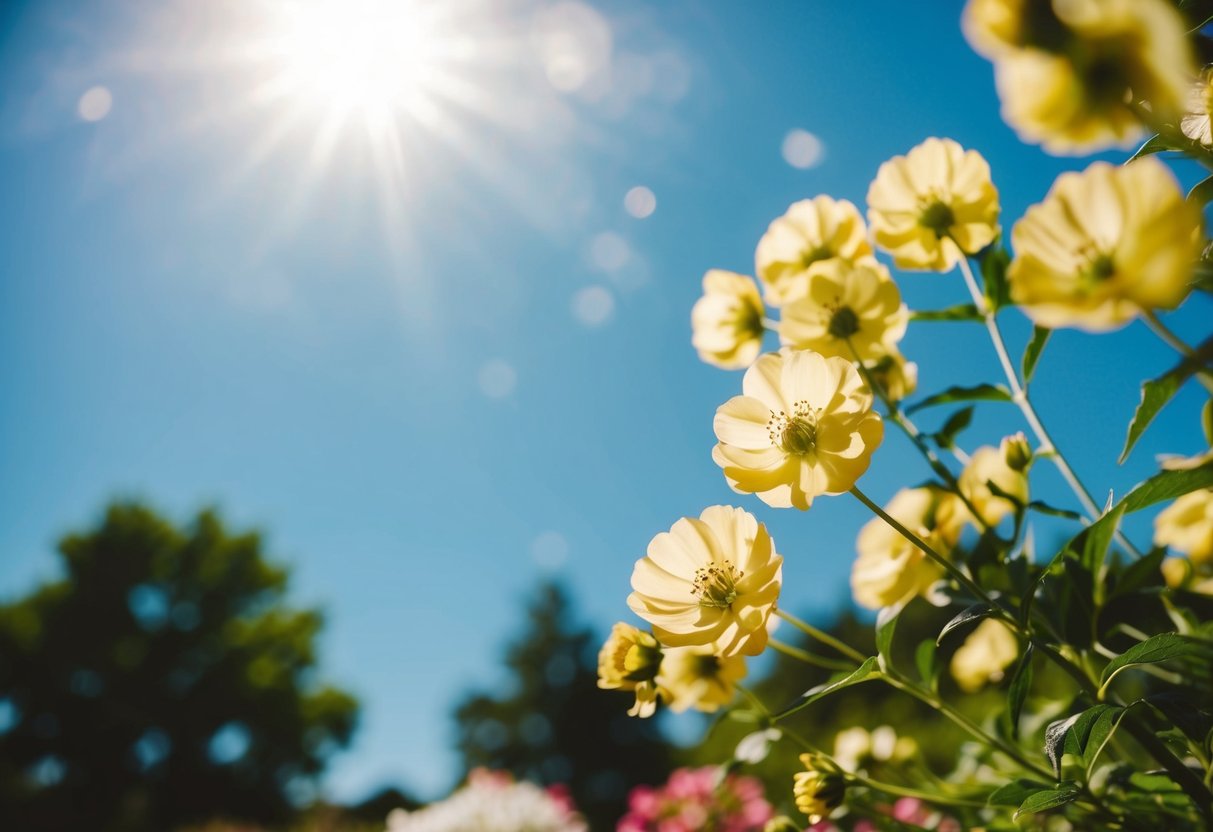 A sunny outdoor wedding with blooming flowers and a clear blue sky