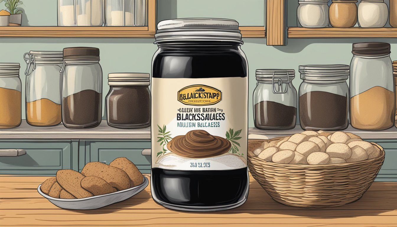 A jar of blackstrap molasses sits on a kitchen shelf, surrounded by other baking ingredients. The label shows the expiration date