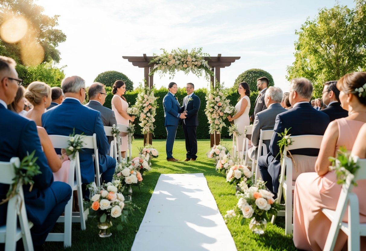 A sunny outdoor wedding ceremony with blooming flowers and a traditional archway