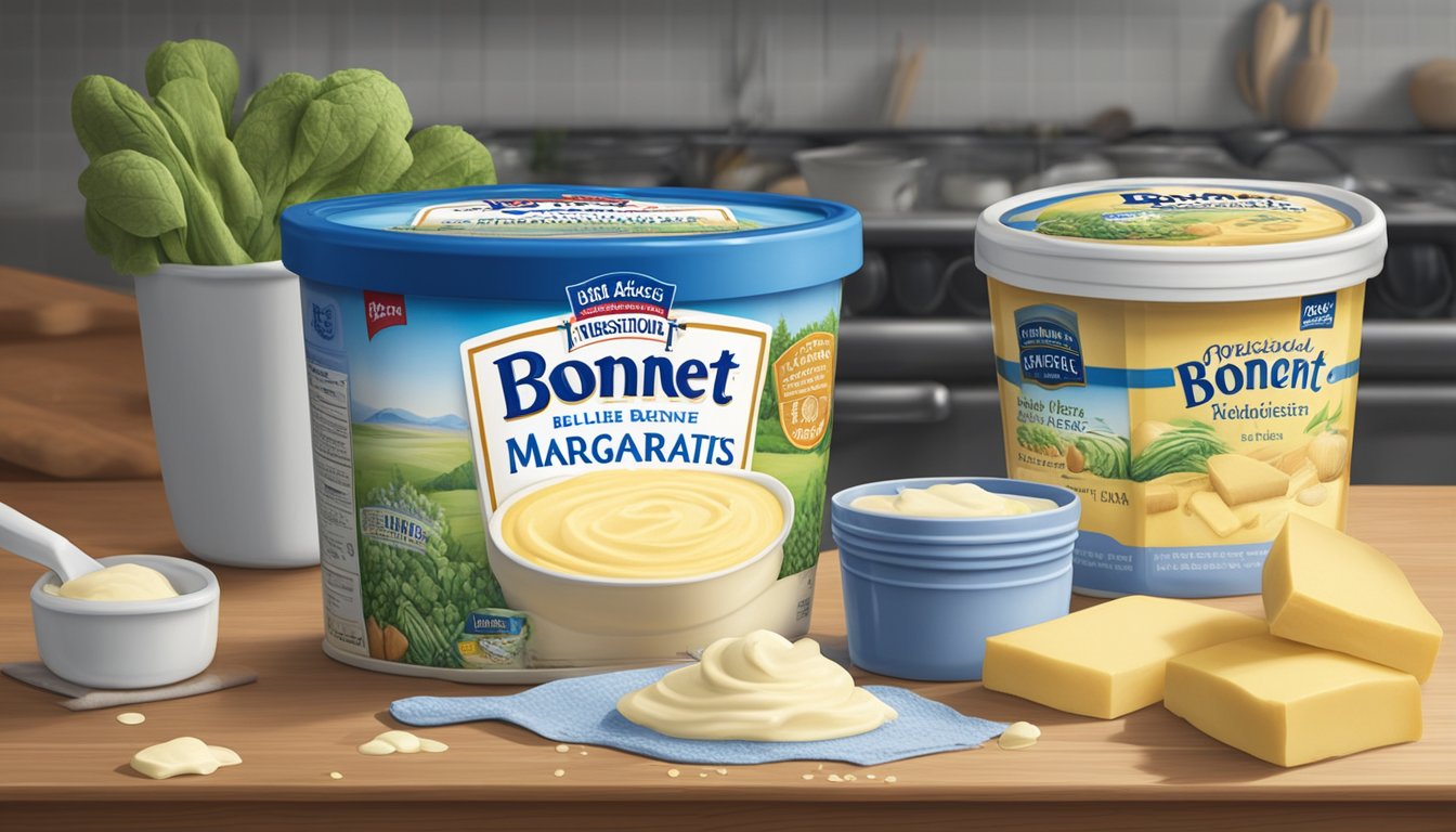 A tub of Blue Bonnet Margarine sits unopened on a kitchen counter, surrounded by various baking ingredients and utensils