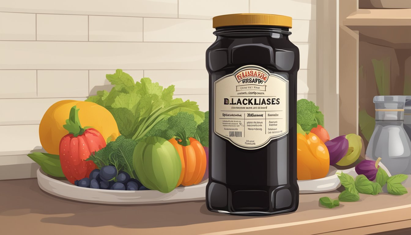 A jar of blackstrap molasses sits on a shelf, surrounded by fresh fruits and vegetables. The label shows the nutritional information and expiration date