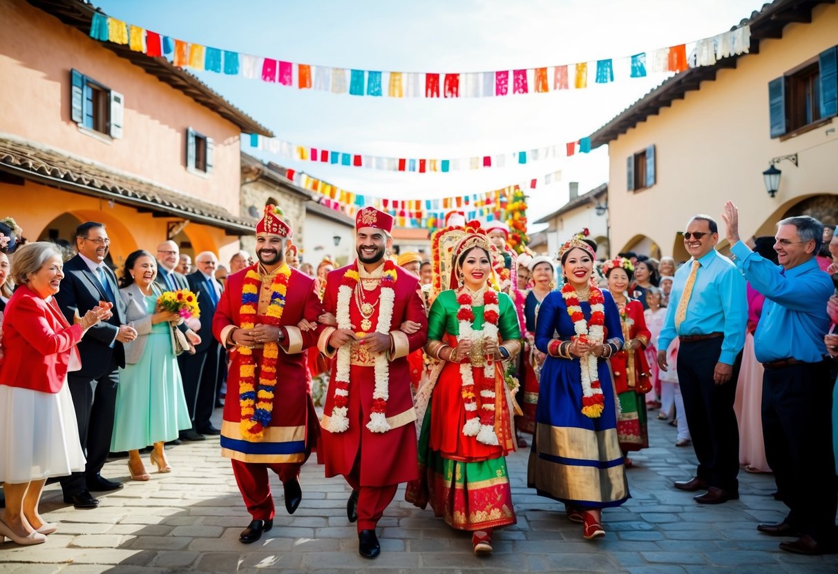A vibrant wedding procession in a sunlit village square, adorned with colorful traditional decorations and surrounded by joyful onlookers