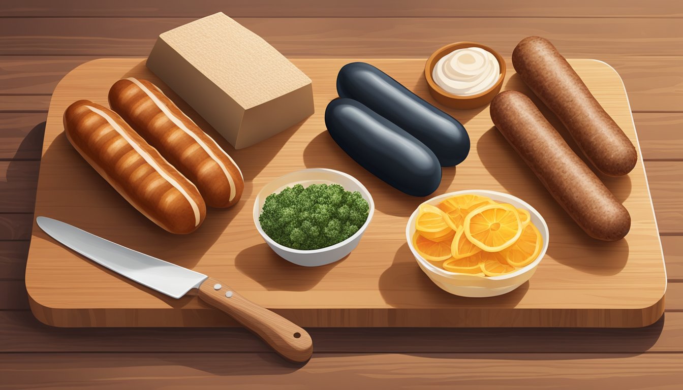 A variety of breakfast sausages arranged on a wooden cutting board, with different shapes, sizes, and colors