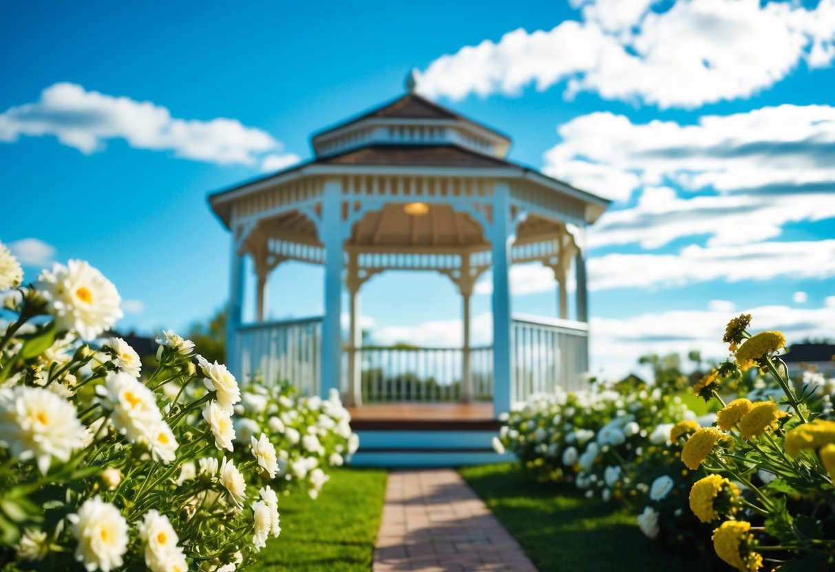 A sunny outdoor wedding with blooming flowers, a white gazebo, and a blue sky