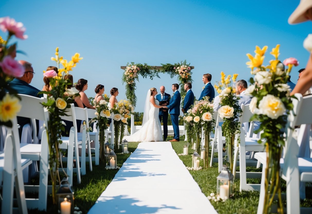 A sunny outdoor wedding ceremony in June, with blooming flowers and a romantic atmosphere