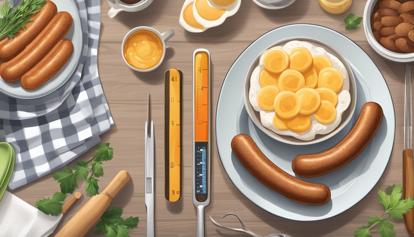 A pack of breakfast sausages sits on a kitchen shelf, alongside a calendar and a thermometer. The sausages are surrounded by various food items and kitchen utensils