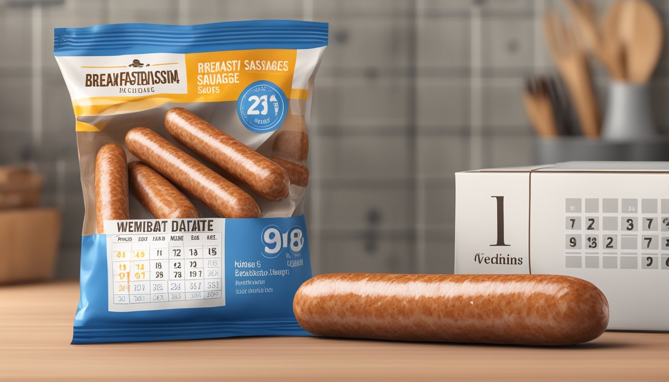 A package of breakfast sausages with a visible expiration date on the label, placed next to a calendar showing the current date