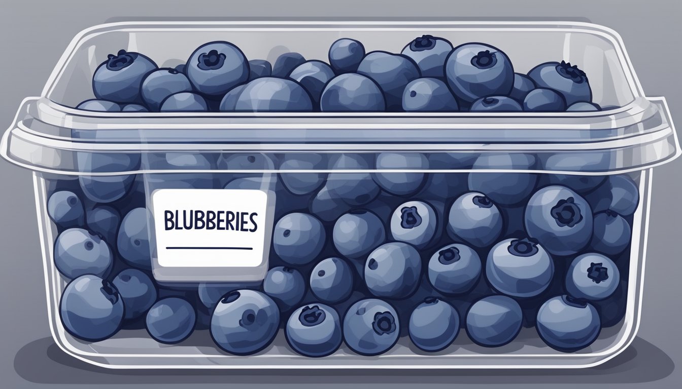 Fresh blueberries in a sealed container in the refrigerator, with a date label