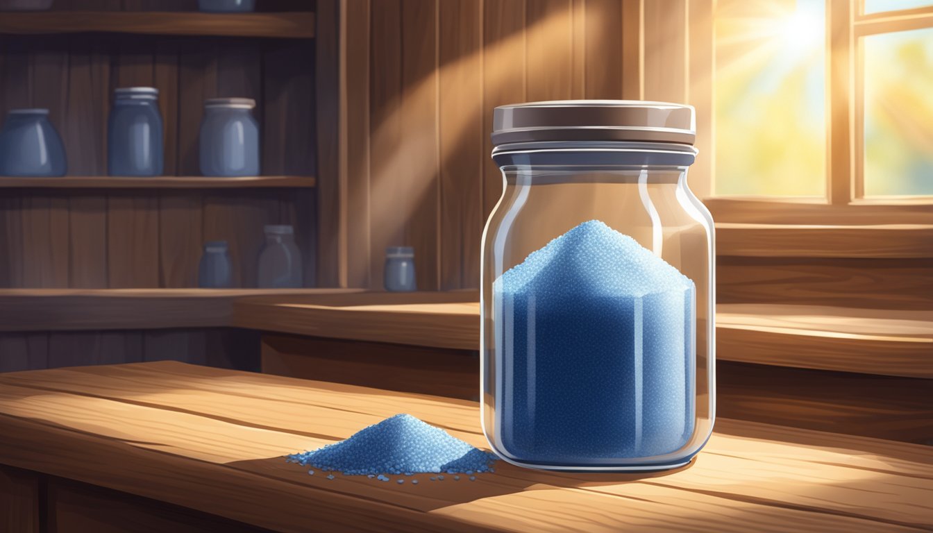 A glass jar of blue cornmeal sits on a rustic wooden shelf, with sunlight streaming in through a nearby window, casting a warm glow on the grains