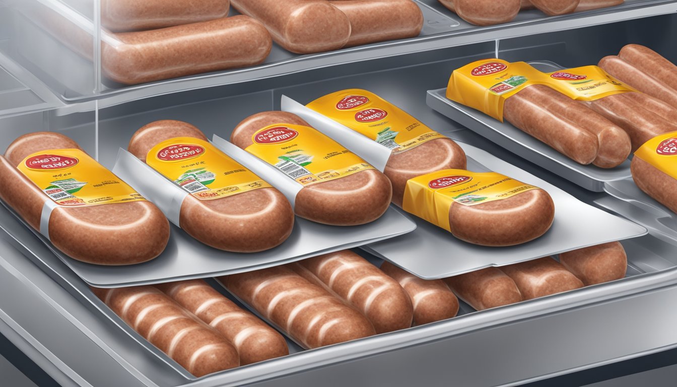 A package of breakfast sausages with a "best by" date on the label, being stored in the refrigerator