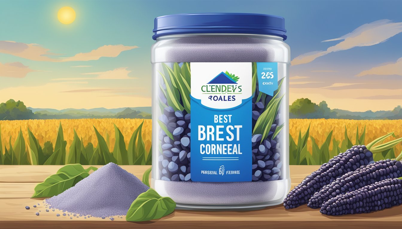 A clear, airtight container of blue cornmeal with a "best by" date label, surrounded by fresh blue corn cobs and a vibrant blue cornfield in the background