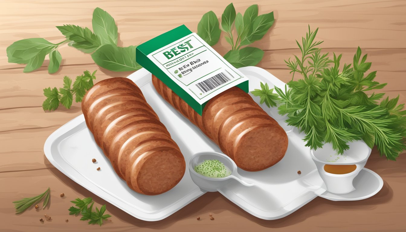 A package of breakfast sausages with a "best by" date on the label, surrounded by fresh herbs and spices