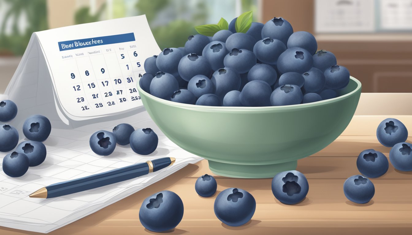 A bowl of fresh blueberries sits on a countertop next to a calendar, indicating the current date. Some berries are beginning to show signs of spoilage