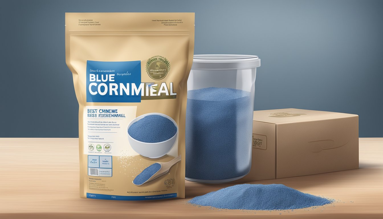 A sealed bag of blue cornmeal on a kitchen shelf, with a best before date clearly visible