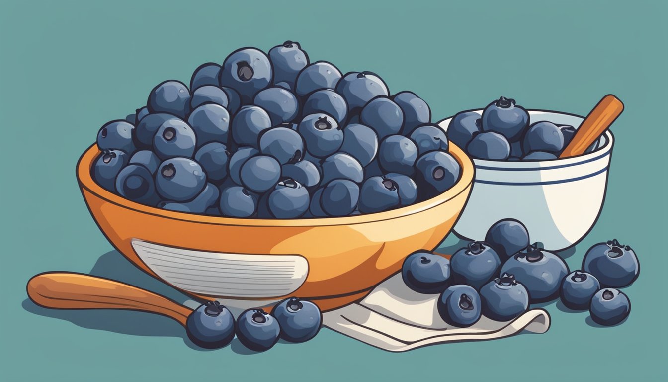 A bowl of ripe blueberries sits on a kitchen counter, surrounded by fresh ingredients and cooking utensils. The vibrant colors and juicy texture of the berries suggest their readiness for culinary use