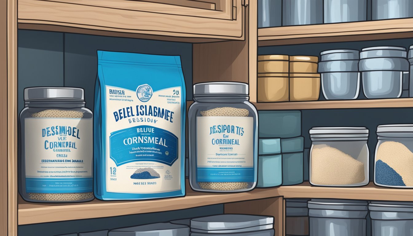 A sealed bag of blue cornmeal sits on a pantry shelf, next to a jar of desiccant packets