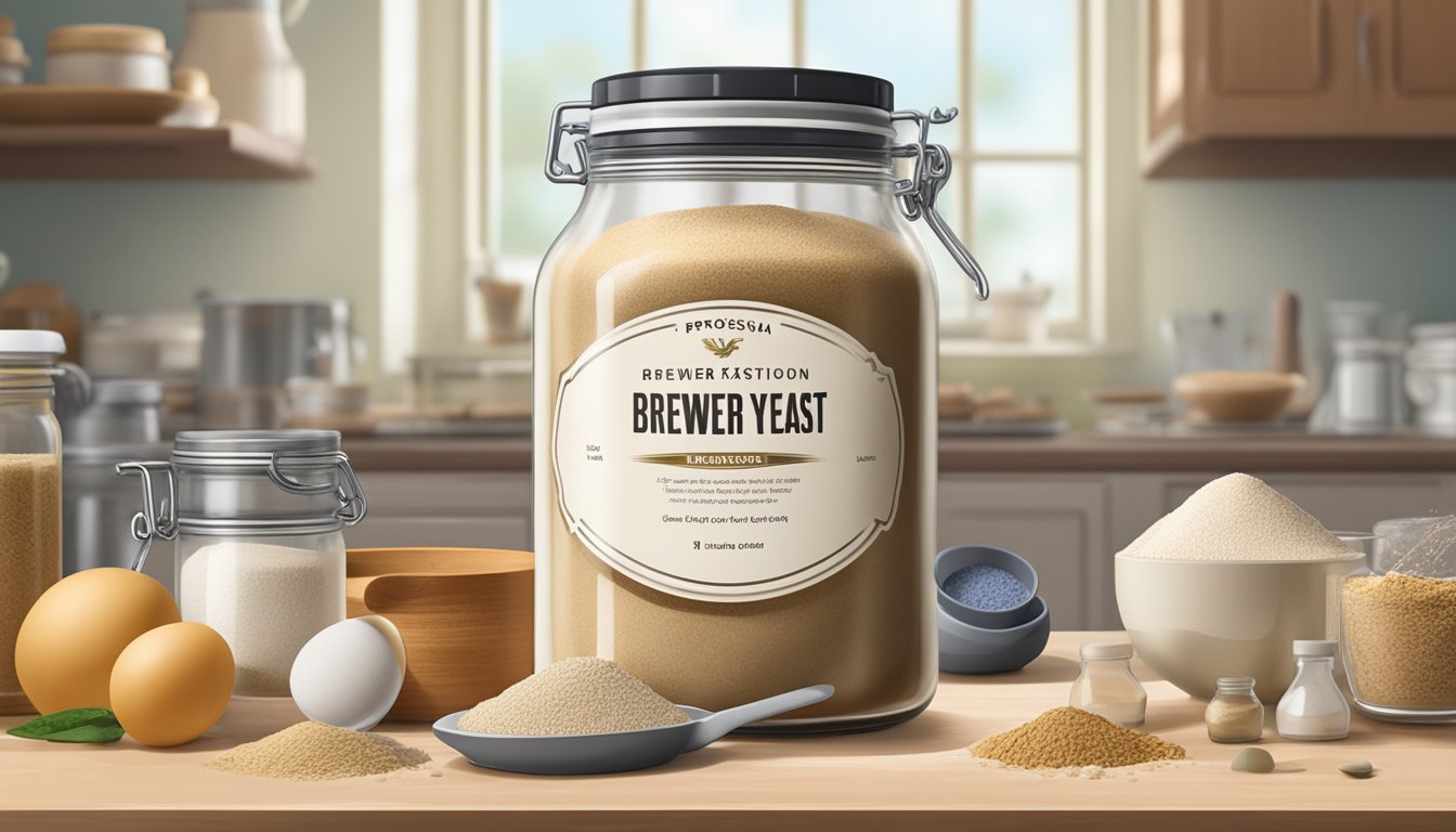 A jar of brewer's yeast sits on a kitchen counter, surrounded by various baking ingredients and a measuring spoon. The jar is labeled with the expiration date