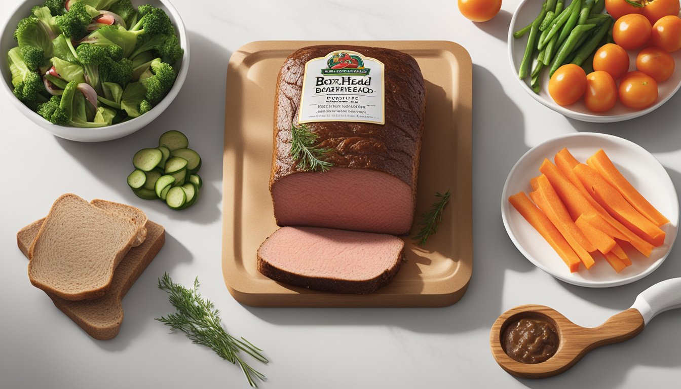 A package of Boar's Head London Broil Roast Beef sits unopened on a clean, white countertop, surrounded by fresh vegetables and a loaf of bread