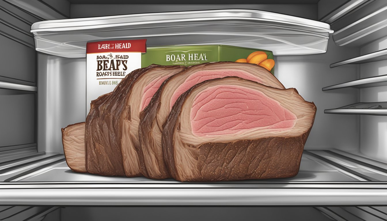 A package of Boar's Head London Broil Roast Beef sits on a clean, organized refrigerator shelf, with a clear expiration date visible