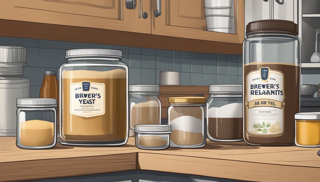 A glass jar of brewer's yeast sits on a kitchen shelf, surrounded by other baking ingredients. The label on the jar shows the expiration date