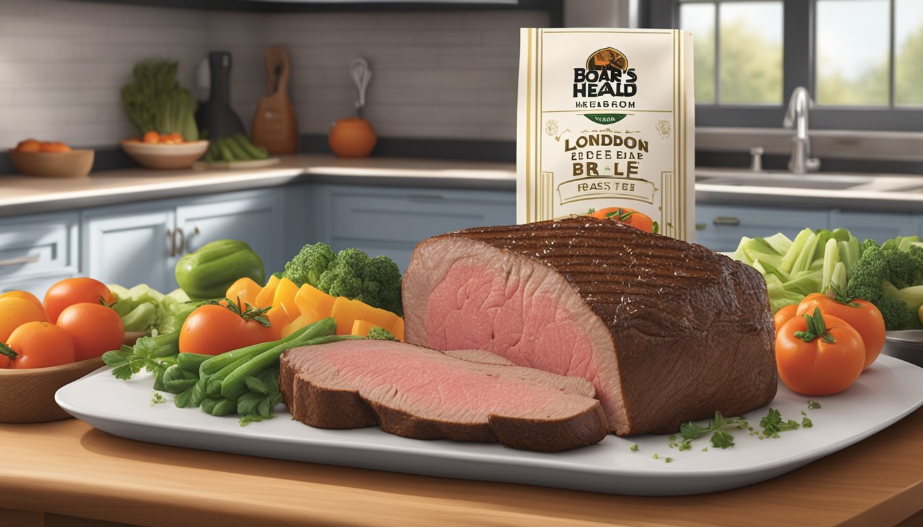 A package of Boar's Head London Broil Roast Beef with a "sell by" date label, surrounded by fresh produce and a clean kitchen counter