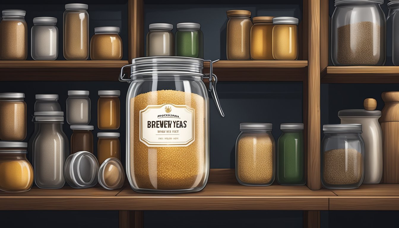 A glass jar of brewer's yeast sits on a shelf in a cool, dark pantry. The jar is tightly sealed, protecting the yeast from moisture and light