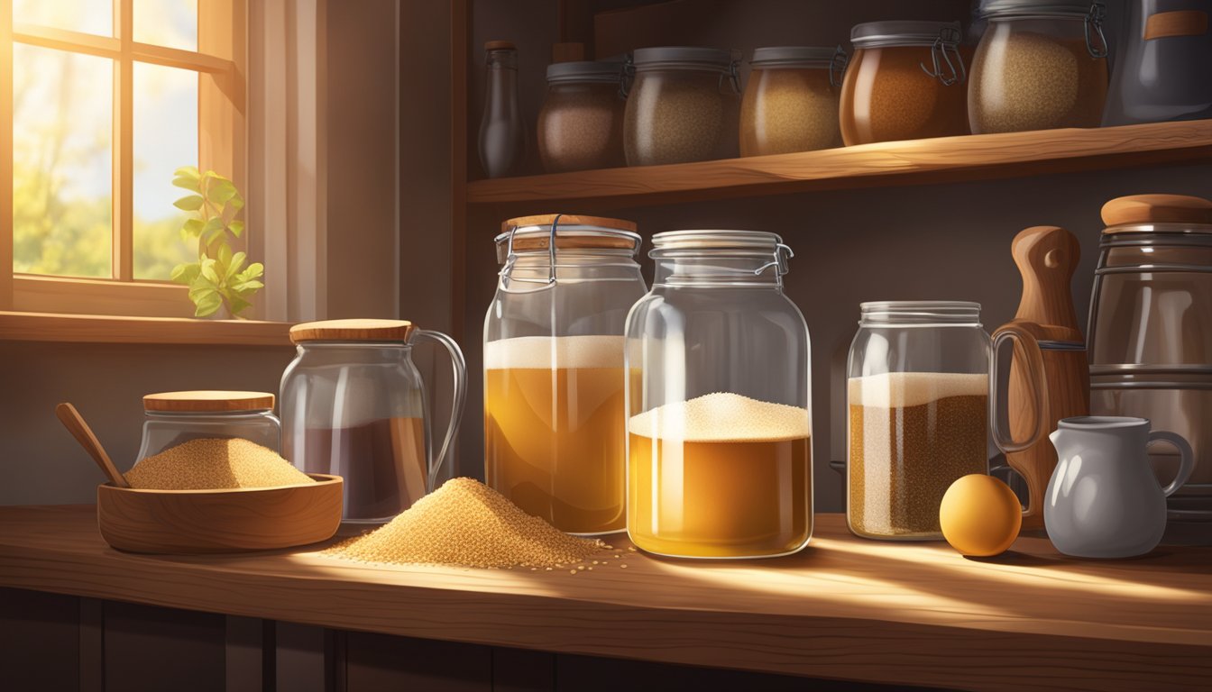 A glass jar filled with brewer's yeast sits on a wooden shelf, surrounded by brewing equipment and ingredients. Sunlight filters through a nearby window, casting a warm glow on the scene