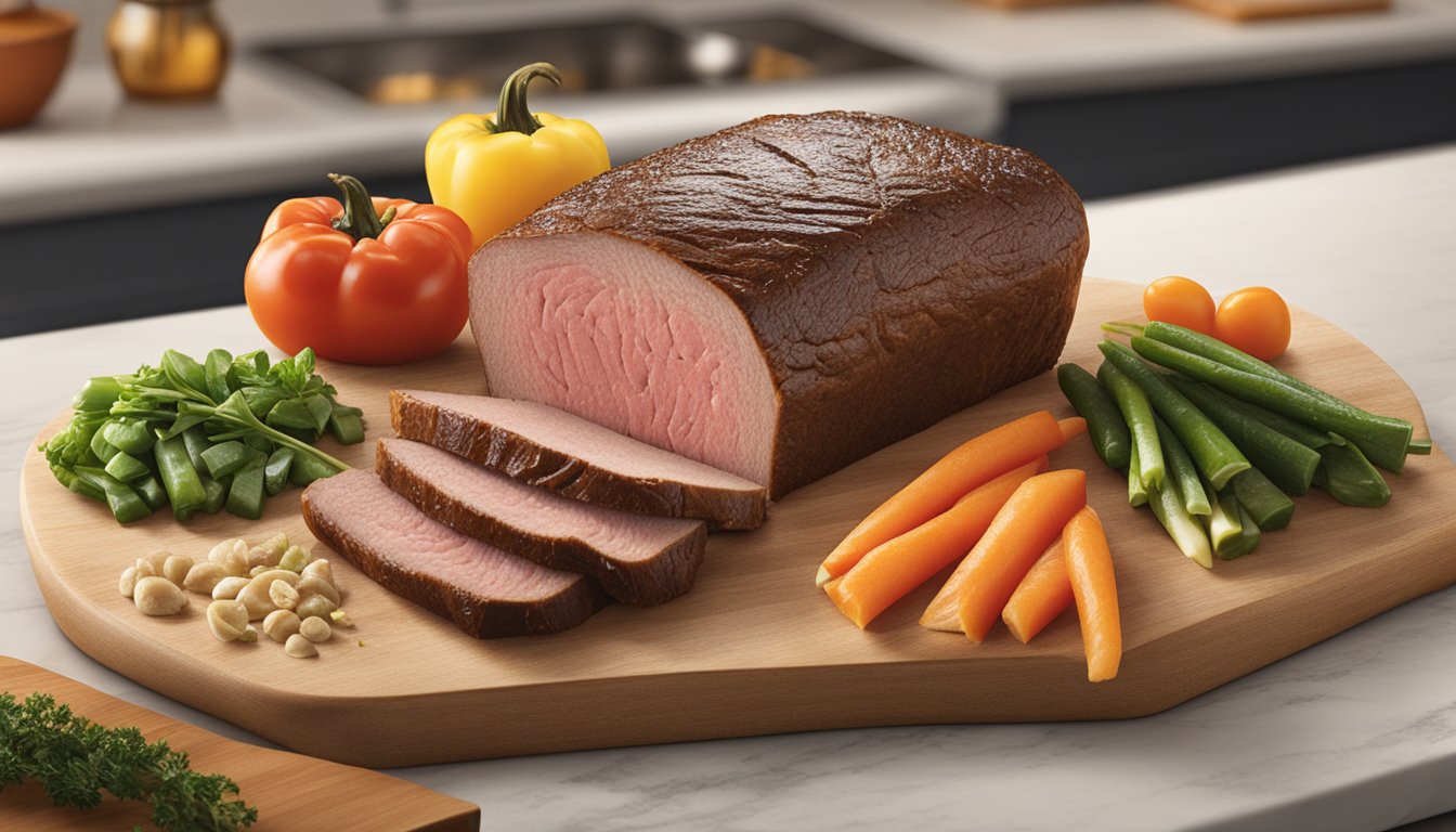 A package of Boar's Head London Broil Roast Beef sits unopened on a kitchen counter, surrounded by fresh vegetables and a loaf of bread