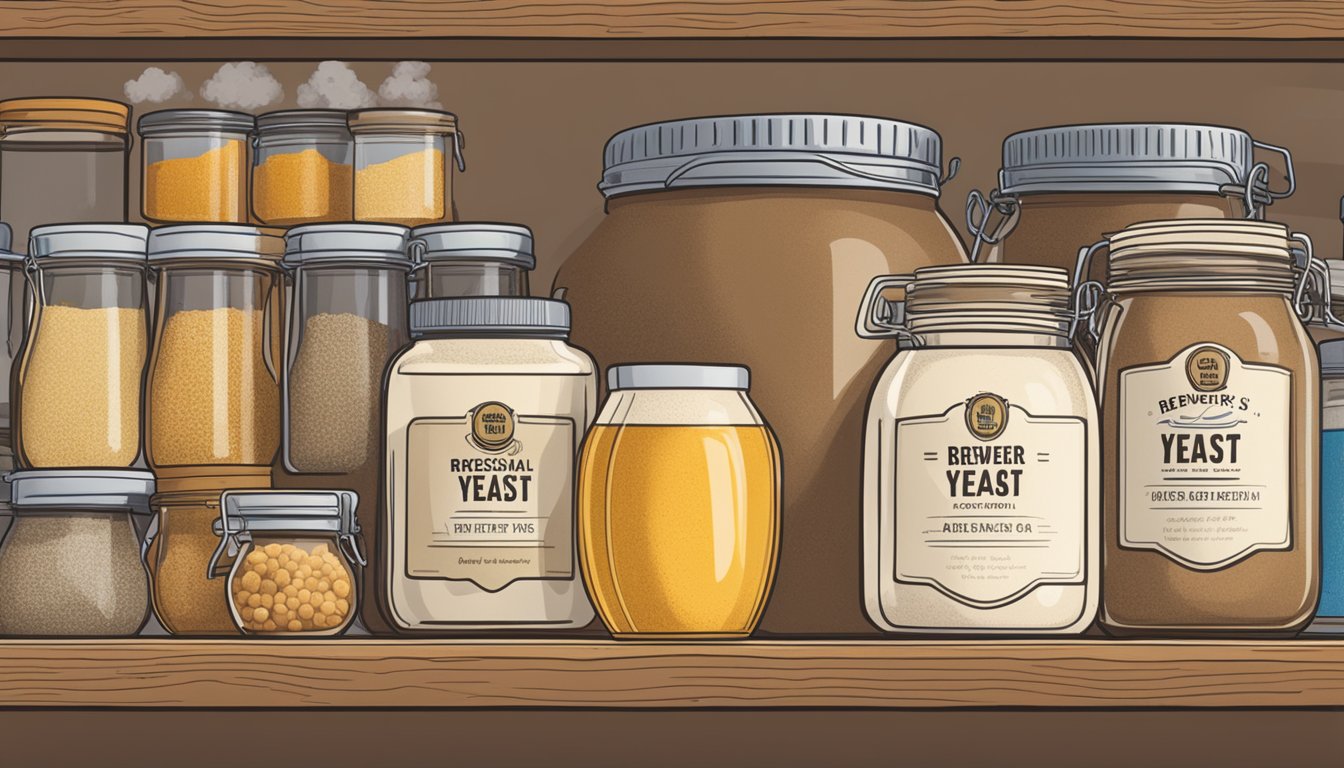 A jar of brewer's yeast sits on a shelf, surrounded by other baking ingredients. The label on the jar indicates the expiration date