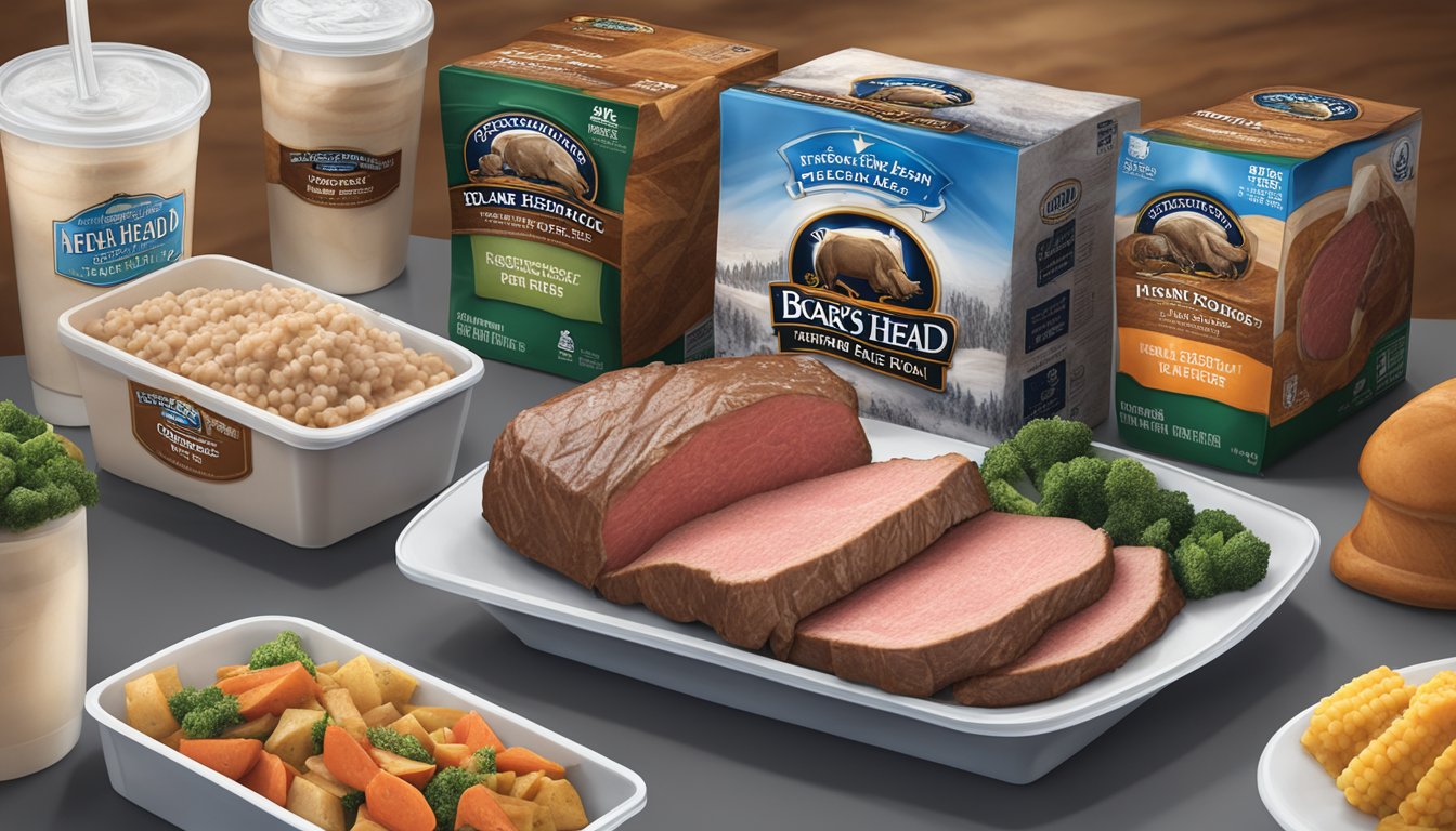 A package of Boar's Head London Broil Roast Beef placed in a freezer next to other frozen food items