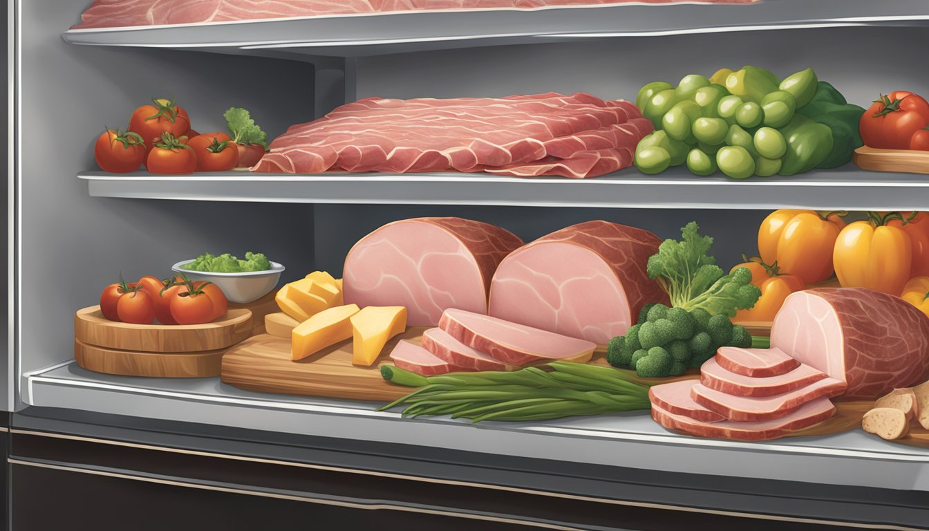 A sealed package of Boar's Head Sweet Slice Boneless Smoked Ham sits in a refrigerator next to a variety of fresh produce and other meats