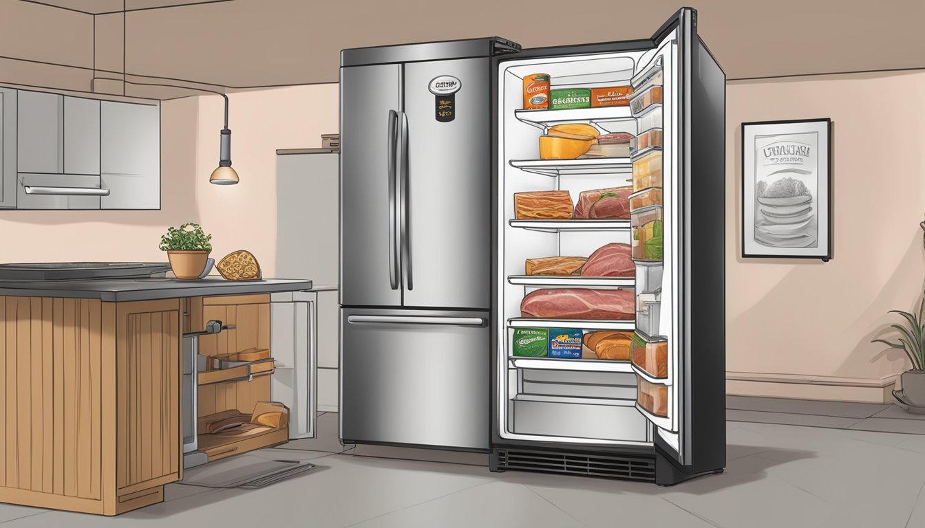 A refrigerator with a package of Boar's Head Sweet Slice Boneless Smoked Ham, a "use by" date, and an open refrigerator door