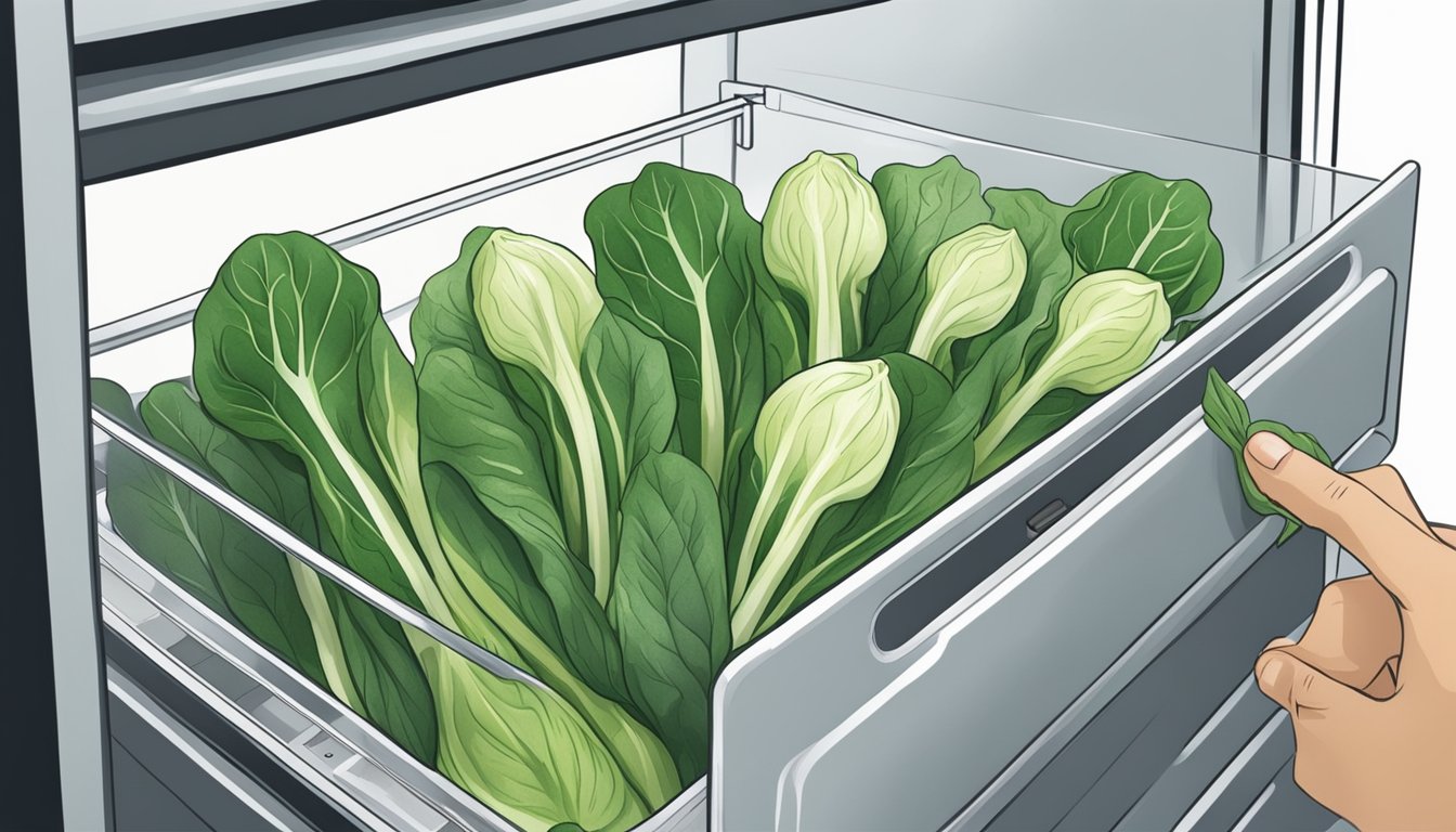 A fresh bok choy being carefully inspected and placed into a refrigerator drawer