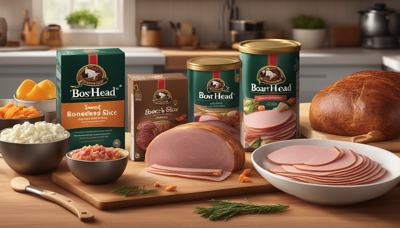 A package of Boar's Head Sweet Slice Boneless Smoked Ham sits unopened on a kitchen counter, surrounded by various cooking utensils and ingredients