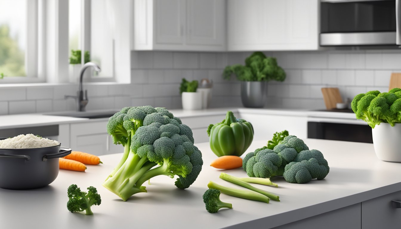 A fresh head of broccoli sits on a clean, white kitchen counter, surrounded by other vibrant vegetables