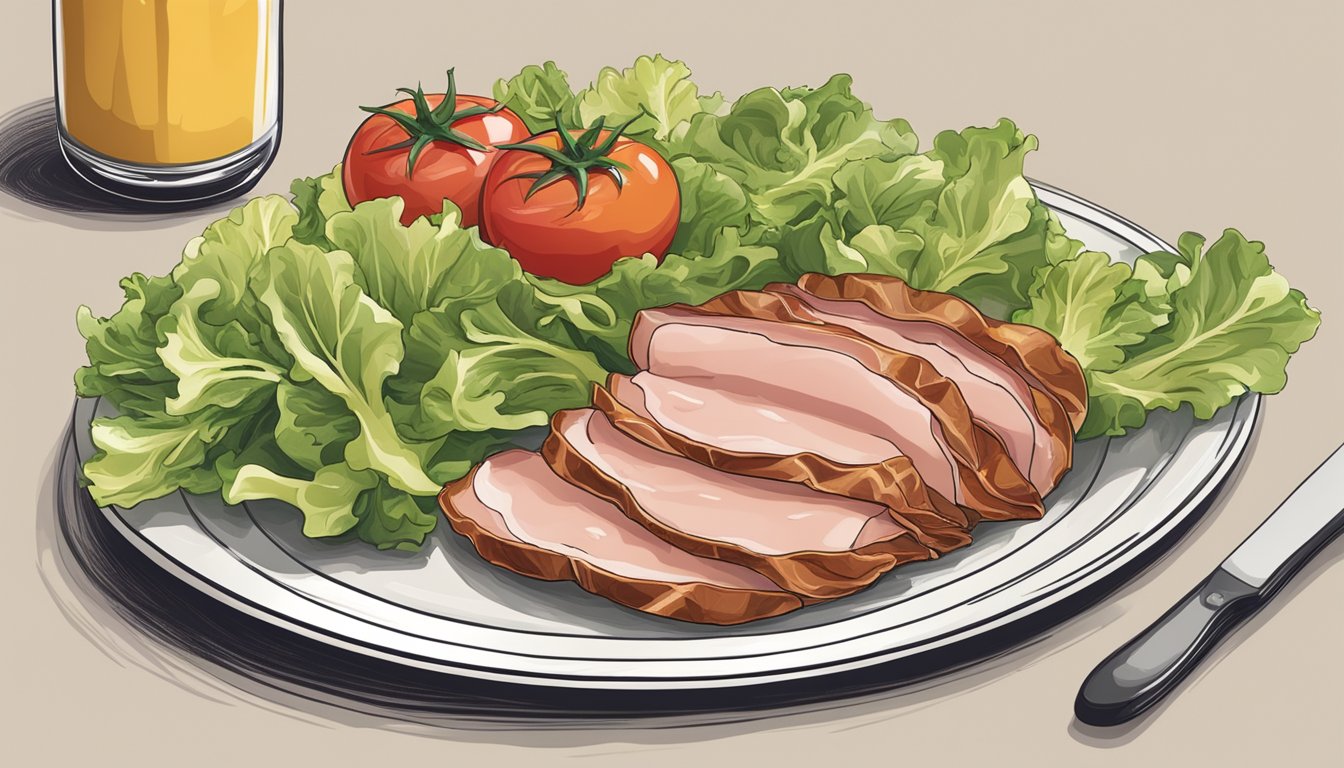 A plate with a stack of thinly sliced Boar's Head Sweet Slice Boneless Smoked Ham, surrounded by fresh lettuce, tomatoes, and a side of mustard