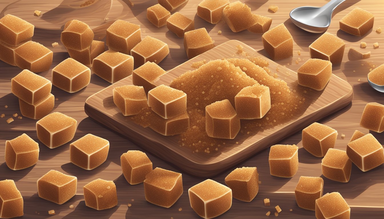 A pile of brown sugar cubes on a wooden cutting board, with a few scattered crumbs and a small spoon nearby