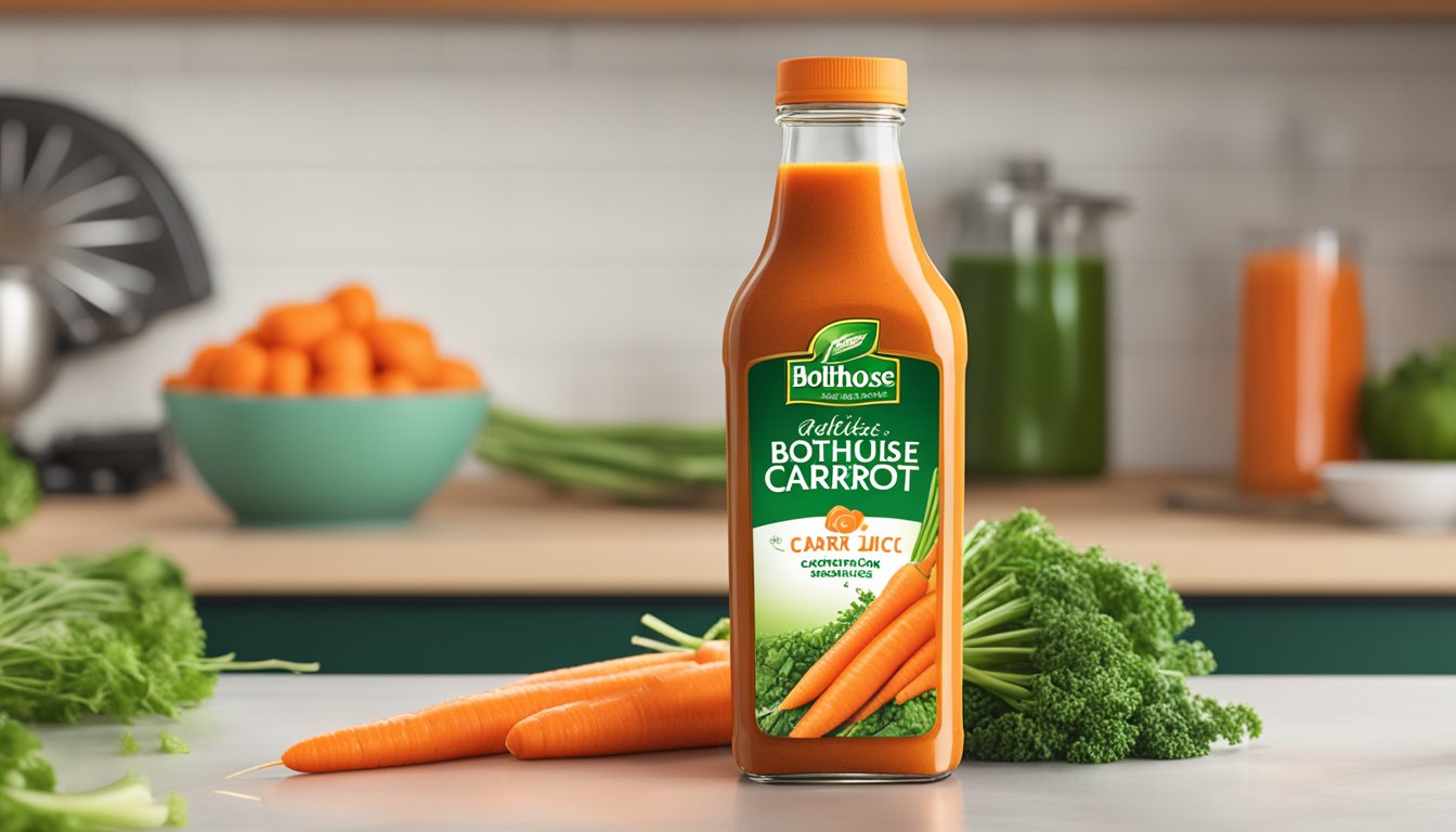 A glass bottle of Bolthouse Farms 100% Carrot Juice sits on a kitchen counter, surrounded by fresh carrots and a vibrant green juicer