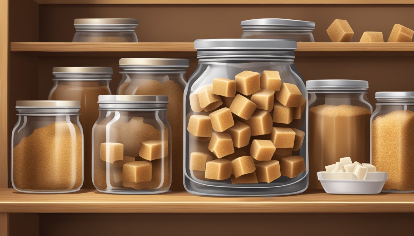 A glass jar filled with brown sugar cubes, tightly sealed with a lid, placed on a pantry shelf