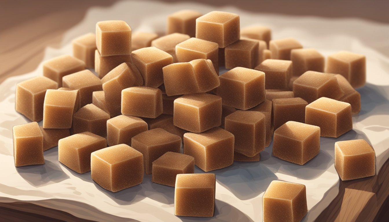 A pile of brown sugar cubes sits on a kitchen counter. Some are hardened and discolored, while others remain soft and intact