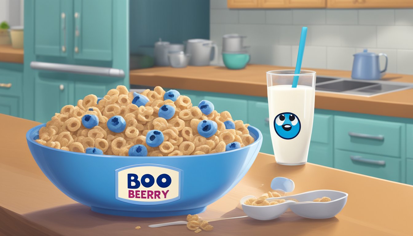 A bowl of Boo Berry cereal sits on a kitchen table next to a carton of milk. The clock on the wall shows the time, indicating the morning