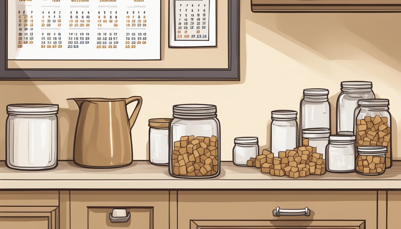 A hand reaching for a jar of brown sugar cubes on a kitchen shelf, with a calendar on the wall showing the current date