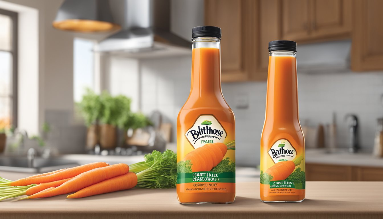 A bottle of Bolthouse Farms 100% Carrot Juice sits on a kitchen counter, next to a glass filled with the juice. The bottle's label prominently displays the product name and a vibrant image of a carrot