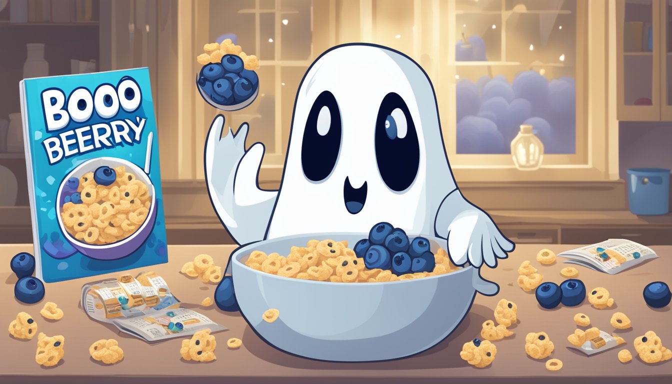 A cartoon ghost mascot holds a box of Boo Berry cereal, surrounded by floating blueberries and a calendar with the date circled