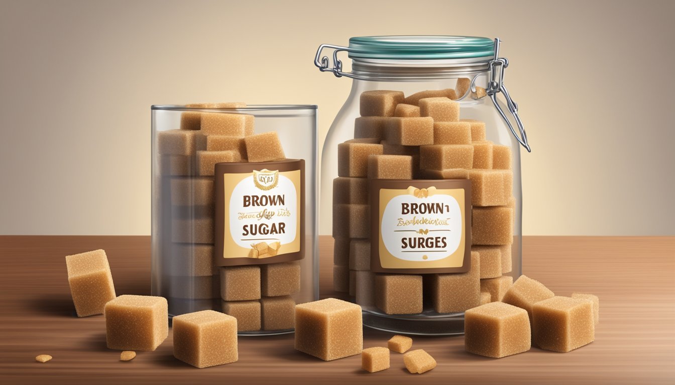 A close-up of brown sugar cubes in a glass jar, with a label indicating the expiration date