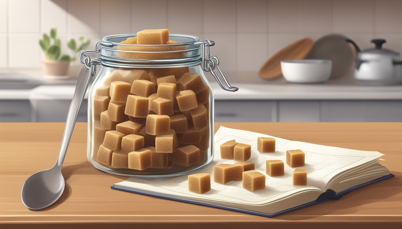 A glass jar filled with brown sugar cubes, sealed tightly with a lid, sitting on a kitchen counter next to a sugar spoon and a recipe book