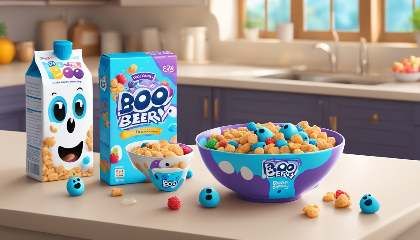 A box of Boo Berry cereal sits on a kitchen countertop, surrounded by colorful cartoon ghosts and berries. A bowl of milk and spoon are nearby